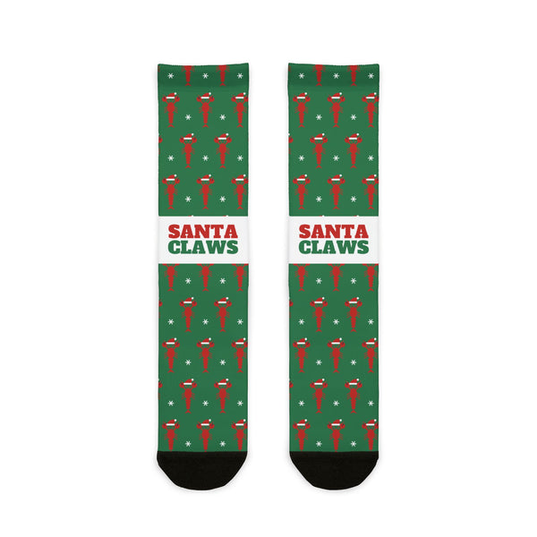 BlockBoundRI Santa Claws Christmas socks, green with red lobsters in Santa hats, flat lay front
