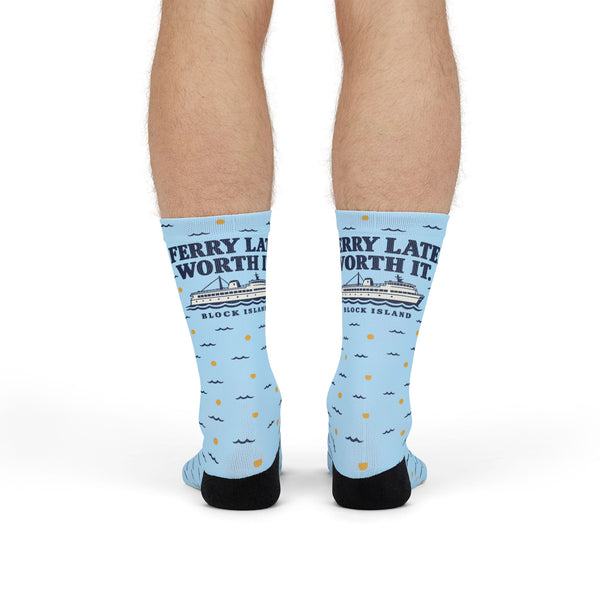 Ferry Late. Worth It. socks worn, front view