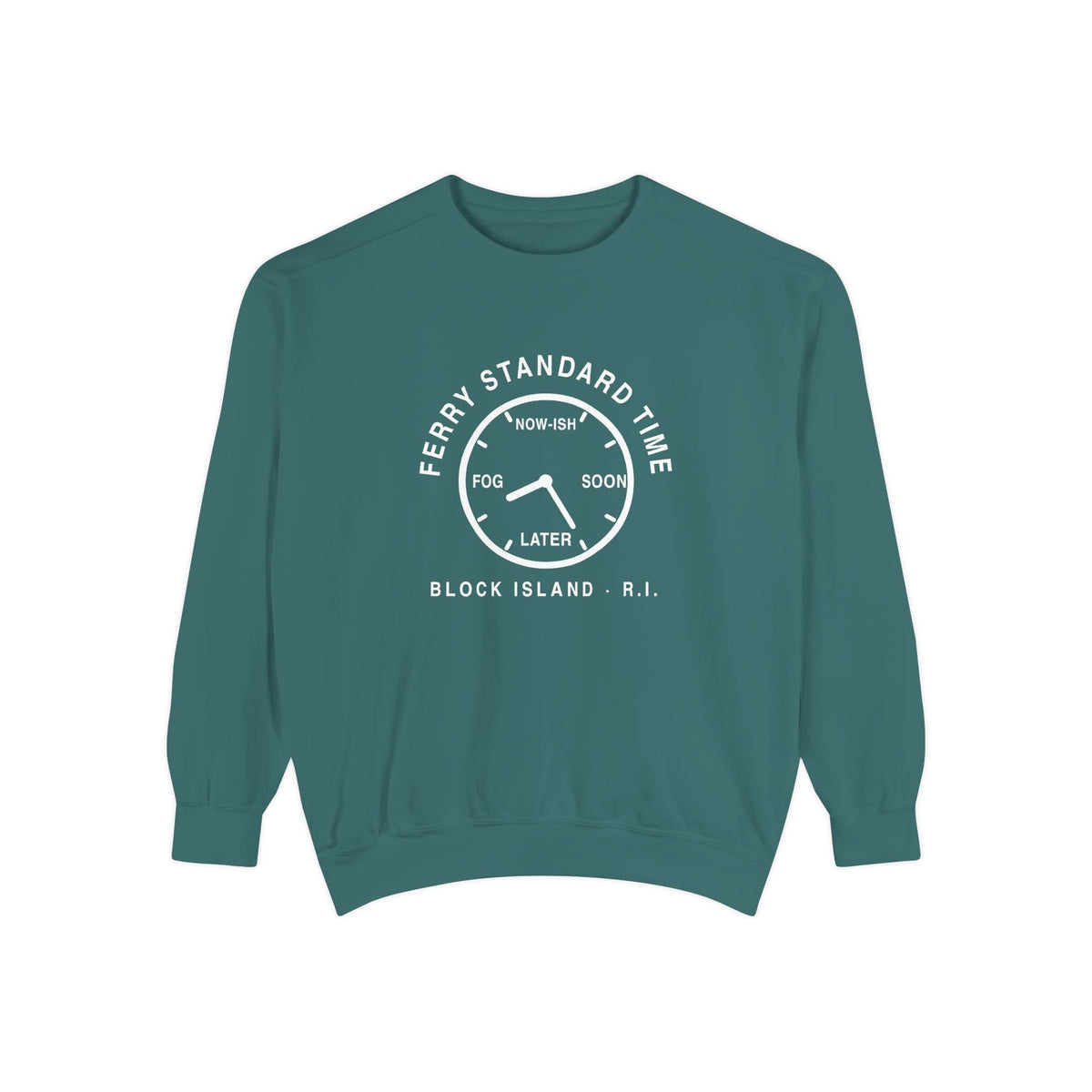 Ferry Standard Time Block Island crewneck sweatshirt in blue spruce, flat lay front with white clock-face print