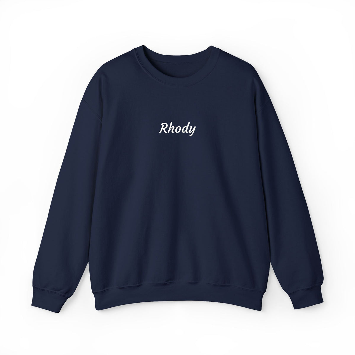 Navy Rhody Script Embroidered Crewneck with white Rhody script stitched across the chest