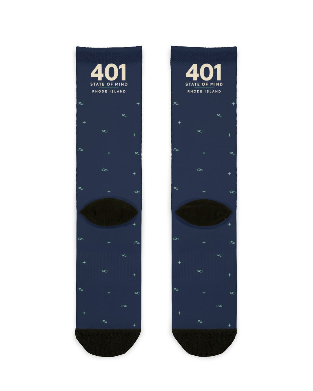 Back flat lay of navy 401 State of Mind Rhode Island crew socks showing black heels and toes