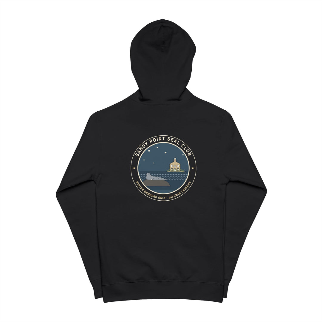 Sandy Point Seal Club zip hoodie back: grey seal on a rock with North Light, Block Island, in a round badge — view 4