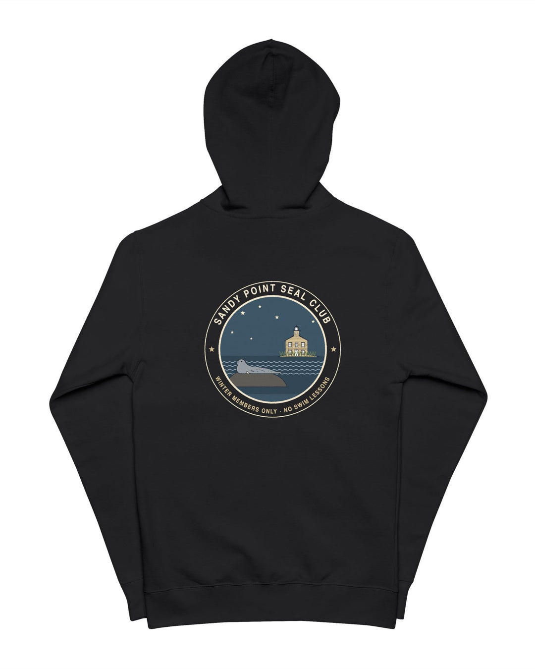 Sandy Point Seal Club zip hoodie back: grey seal on a rock with North Light, Block Island, in a round badge — view 4
