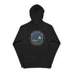 Sandy Point Seal Club zip hoodie back: grey seal on a rock with North Light, Block Island, in a round badge — view 4