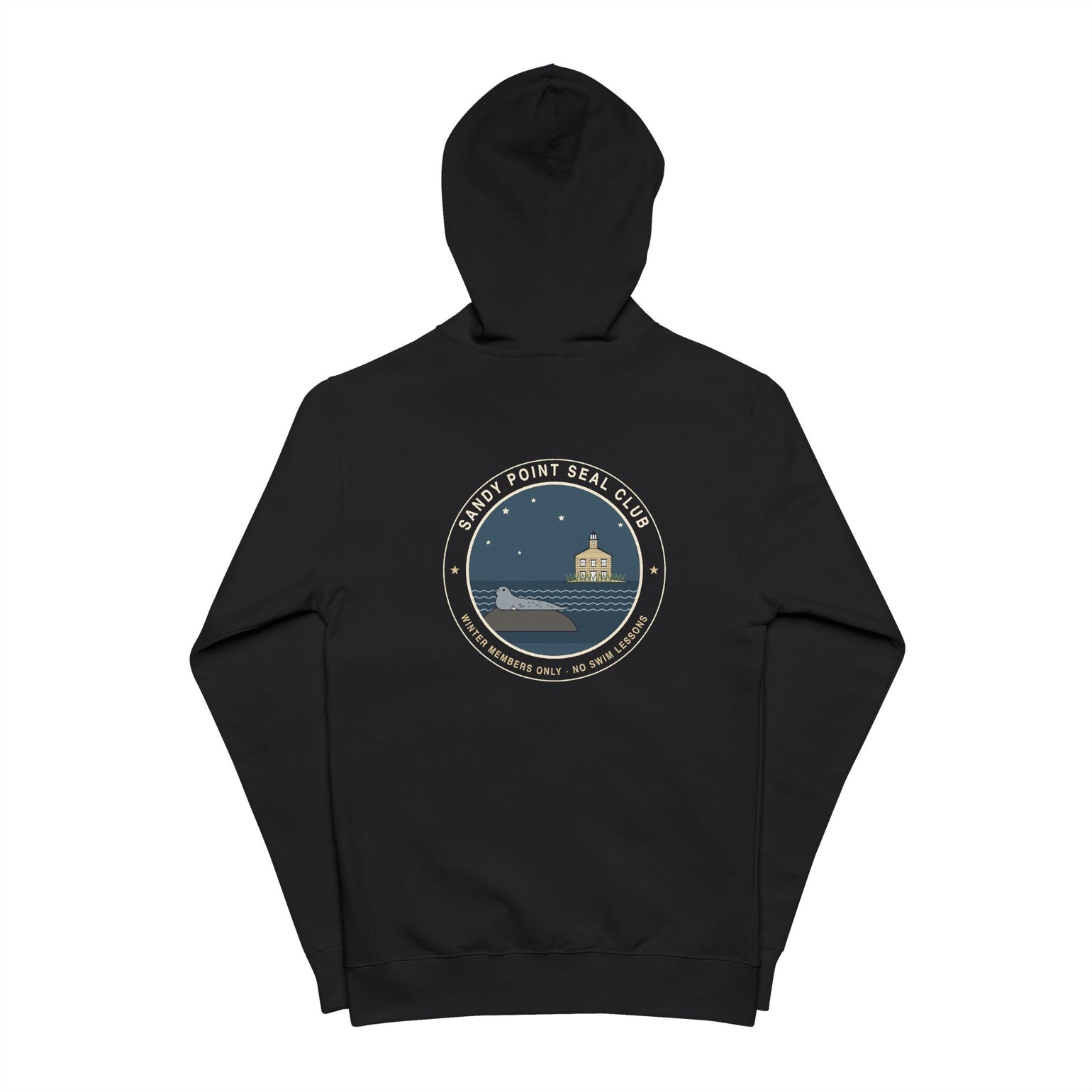 Sandy Point Seal Club zip hoodie back: grey seal on a rock with North Light, Block Island, in a round badge — view 4