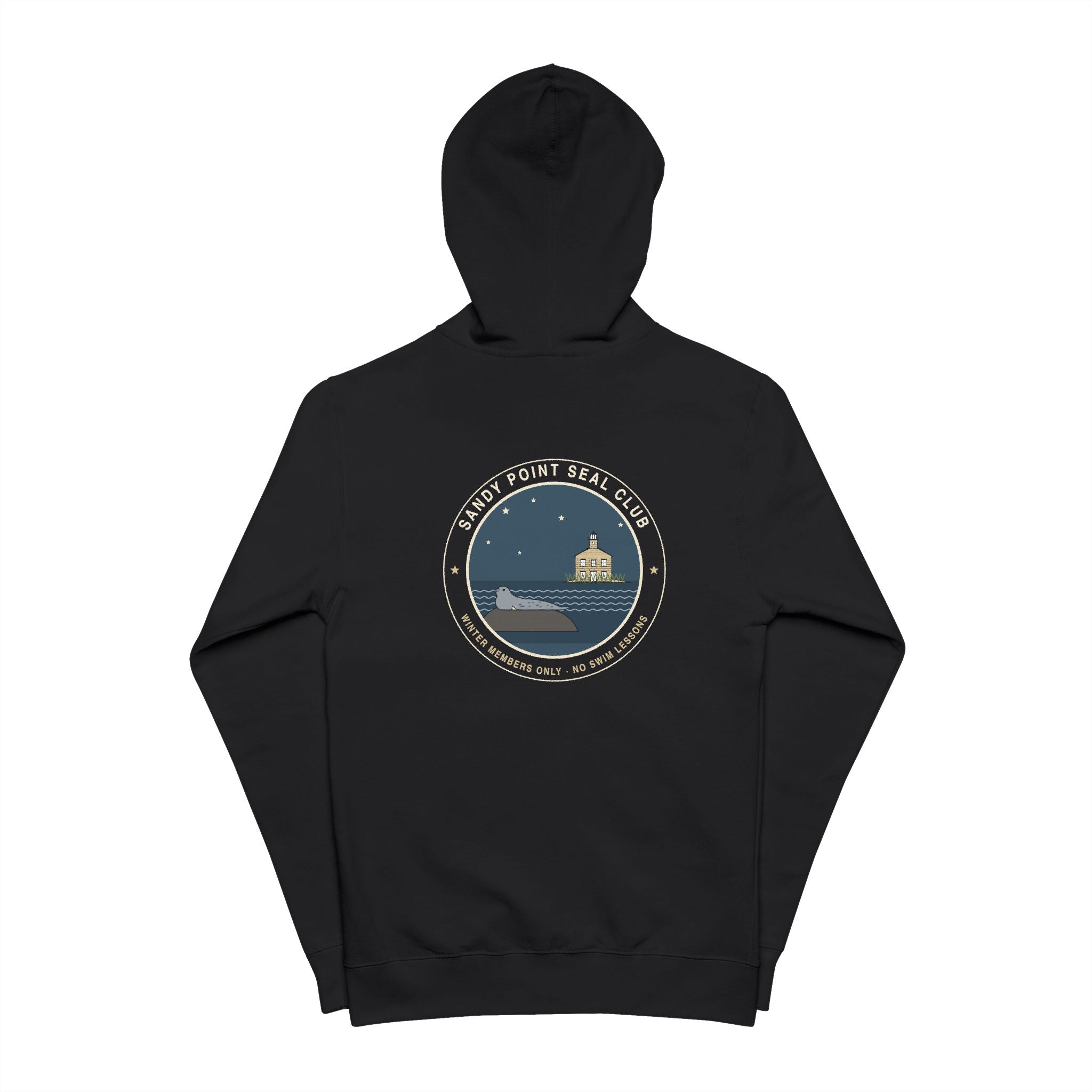 Sandy Point Seal Club zip hoodie back: grey seal on a rock with North Light, Block Island, in a round badge — view 4