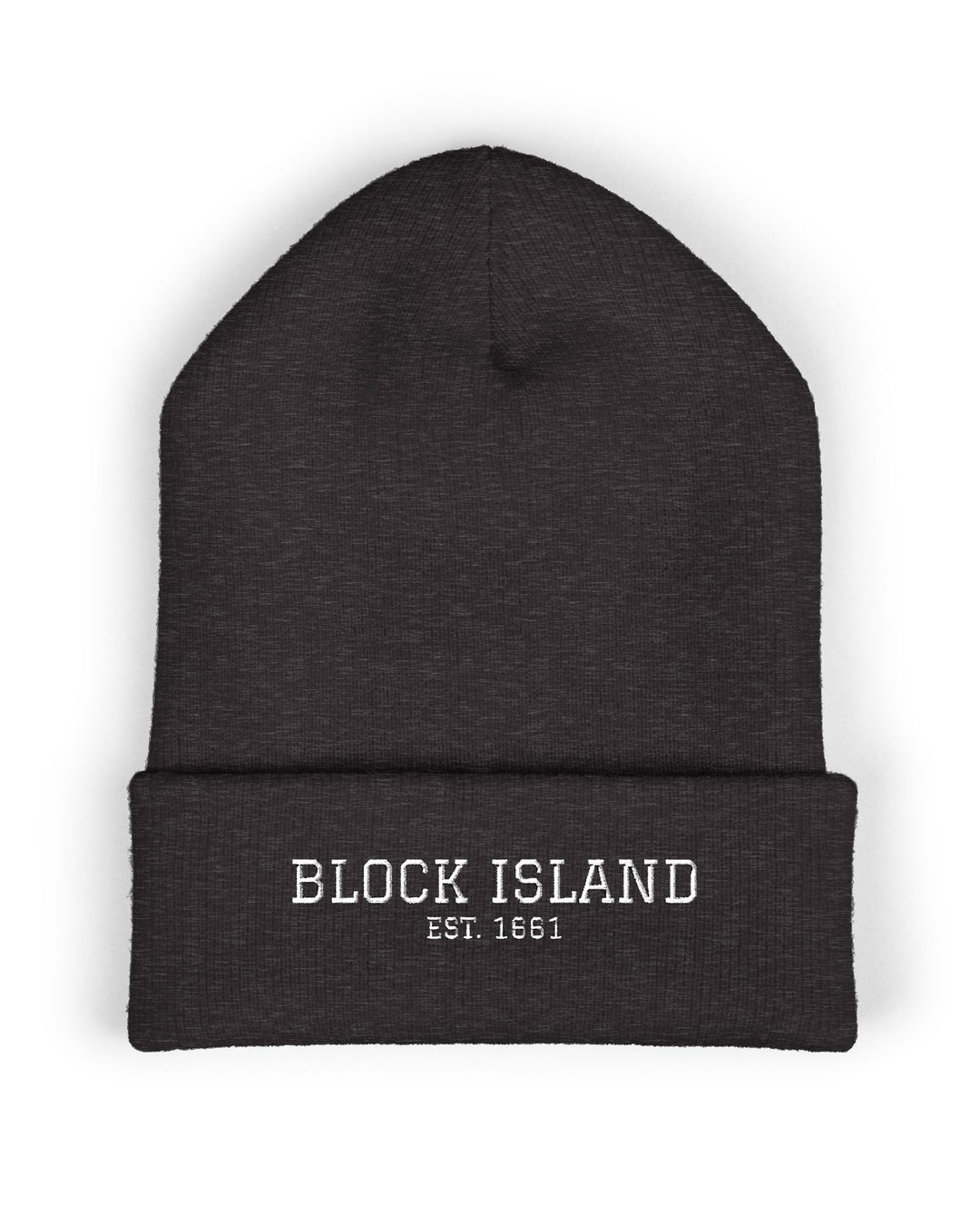 Dark grey Block Island knit beanie with white Block Island Est. 1661 embroidery on the folded cuff