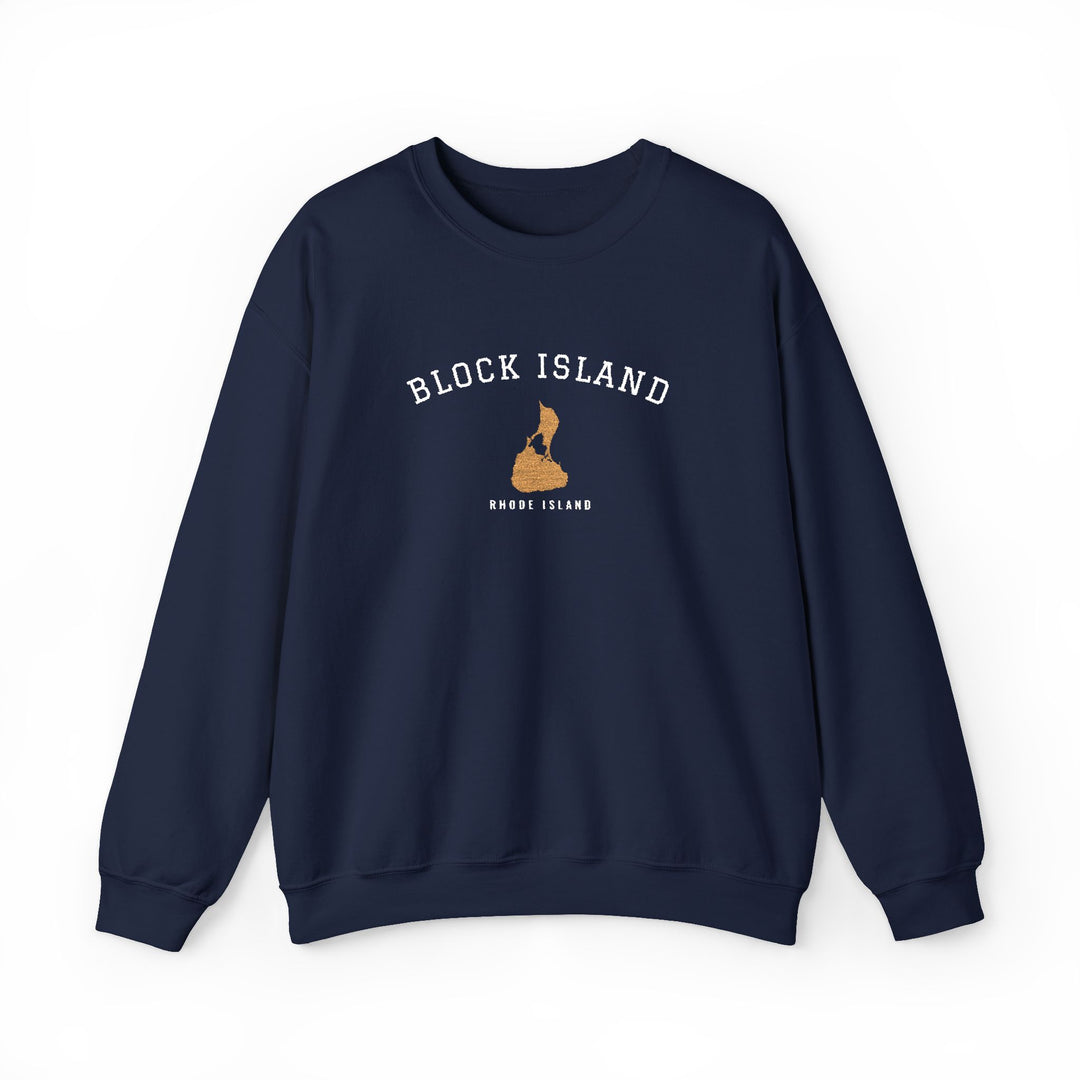 Crewneck sweatshirt with BLOCK ISLAND embroidered in arched varsity letters over a stitched Block Island map and RHODE ISLAND
