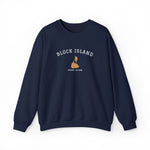Crewneck sweatshirt with BLOCK ISLAND embroidered in arched varsity letters over a stitched Block Island map and RHODE ISLAND