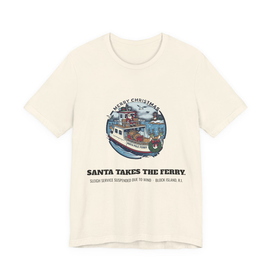 Santa Takes the Ferry Block Island Christmas T-Shirt in Natural, BlockBoundRI
