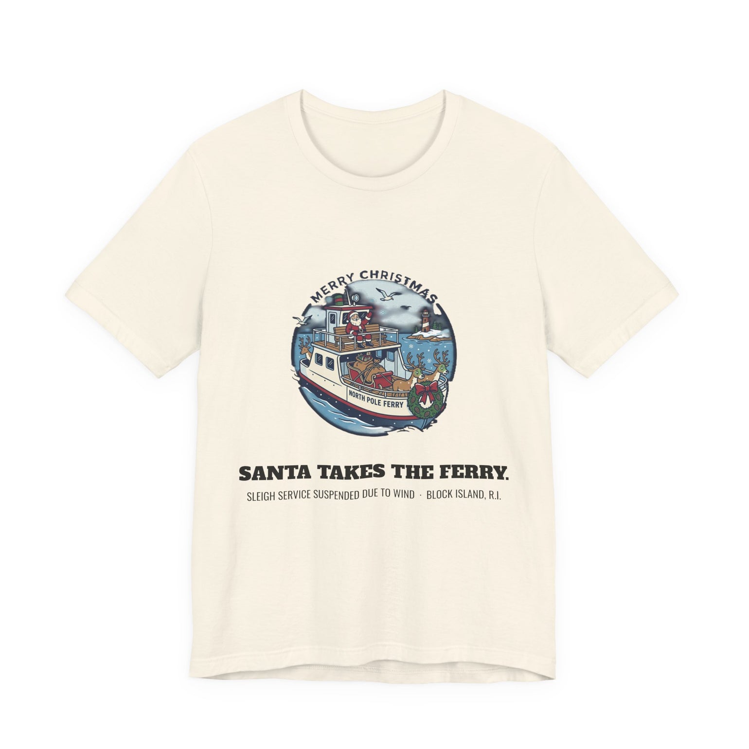 Santa Takes the Ferry Block Island Christmas T-Shirt in Natural, BlockBoundRI