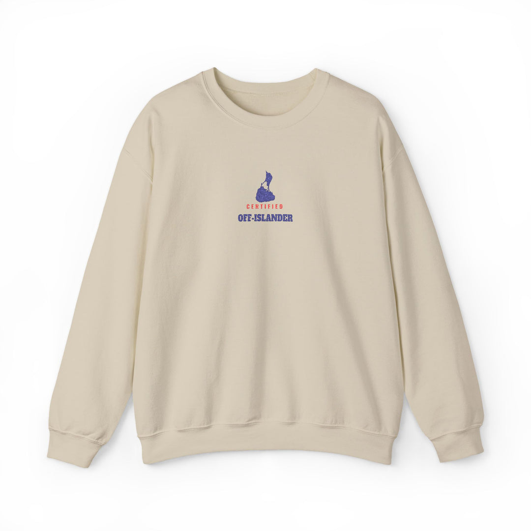 Certified Off-Islander embroidered Block Island crewneck sweatshirt in Sand - BlockBoundRI