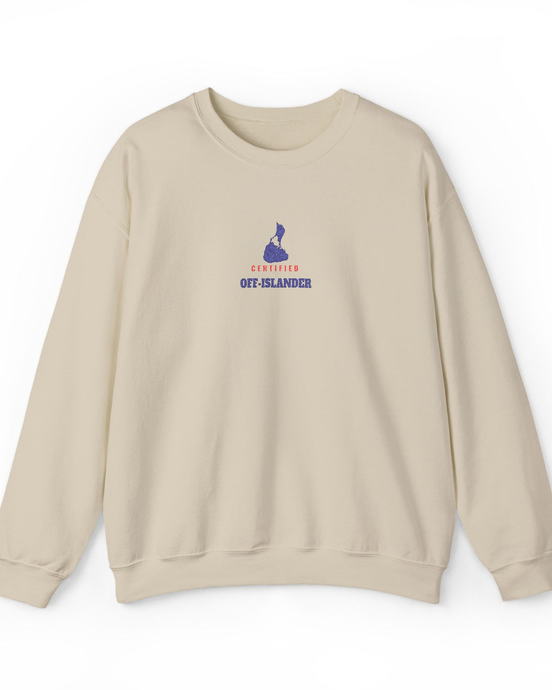 Certified Off-Islander embroidered Block Island crewneck sweatshirt in Sand - BlockBoundRI