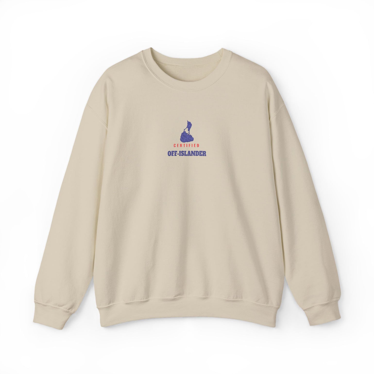 Certified Off-Islander embroidered Block Island crewneck sweatshirt in Sand - BlockBoundRI
