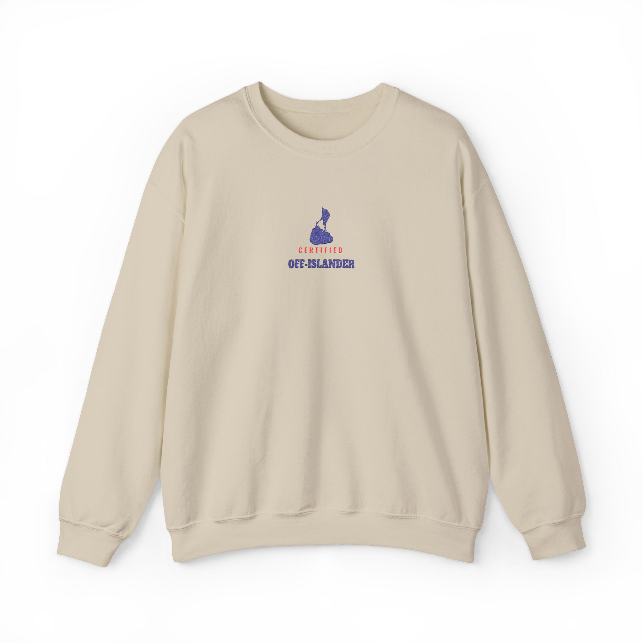 Certified Off-Islander embroidered Block Island crewneck sweatshirt in Sand - BlockBoundRI