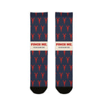 BlockBoundRI Pinch Me, I'm on Island Time lobster socks, navy with red lobsters and cream slogan band, front flat lay