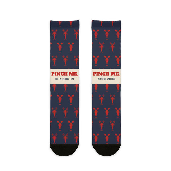 Pinch Me, I’m on Island Time socks laid flat, showing the lobster print