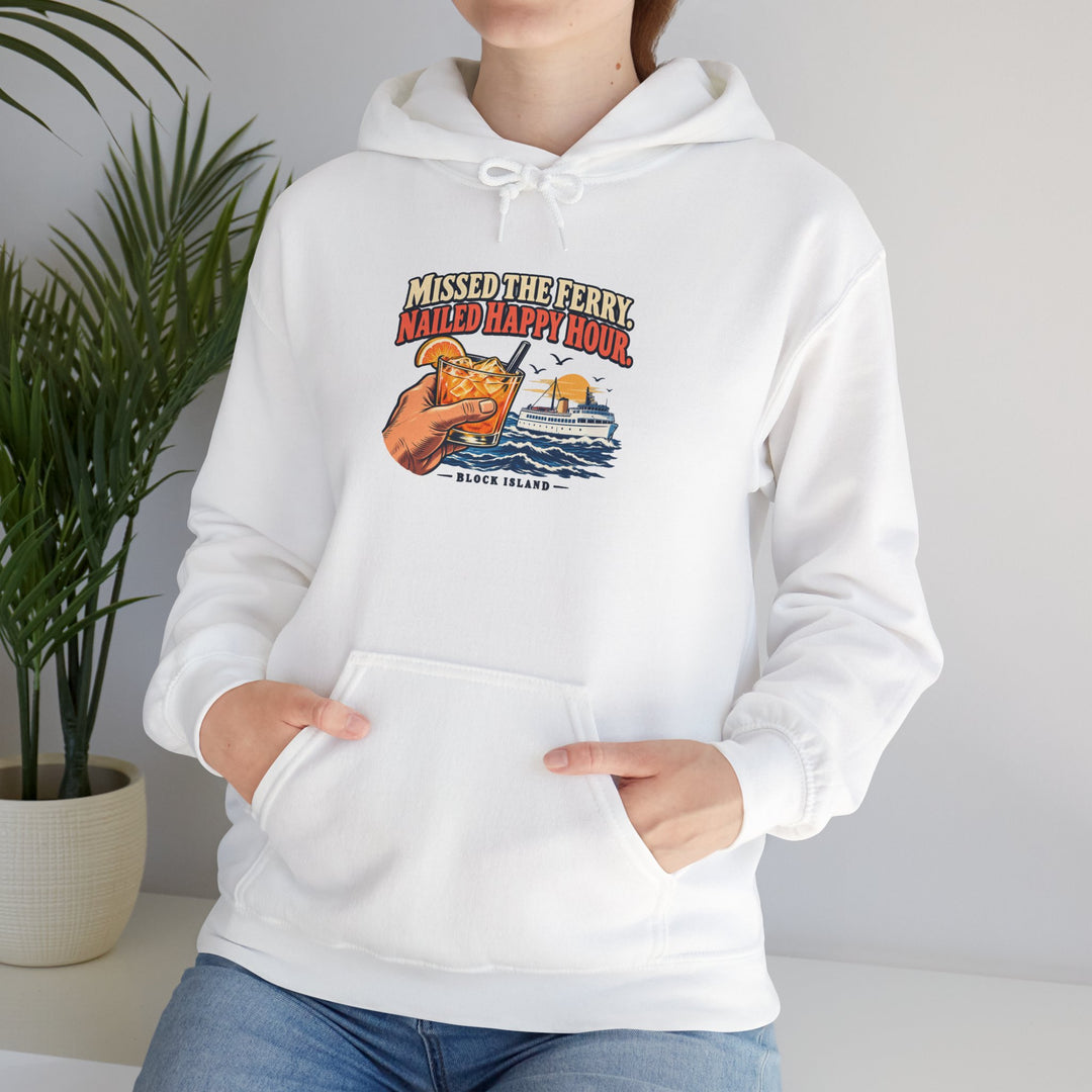 Close-up of the Missed the Ferry. Nailed Happy Hour. print on a model wearing the white Block Island hoodie