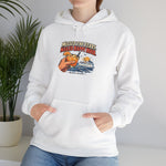 Close-up of the Missed the Ferry. Nailed Happy Hour. print on a model wearing the white Block Island hoodie