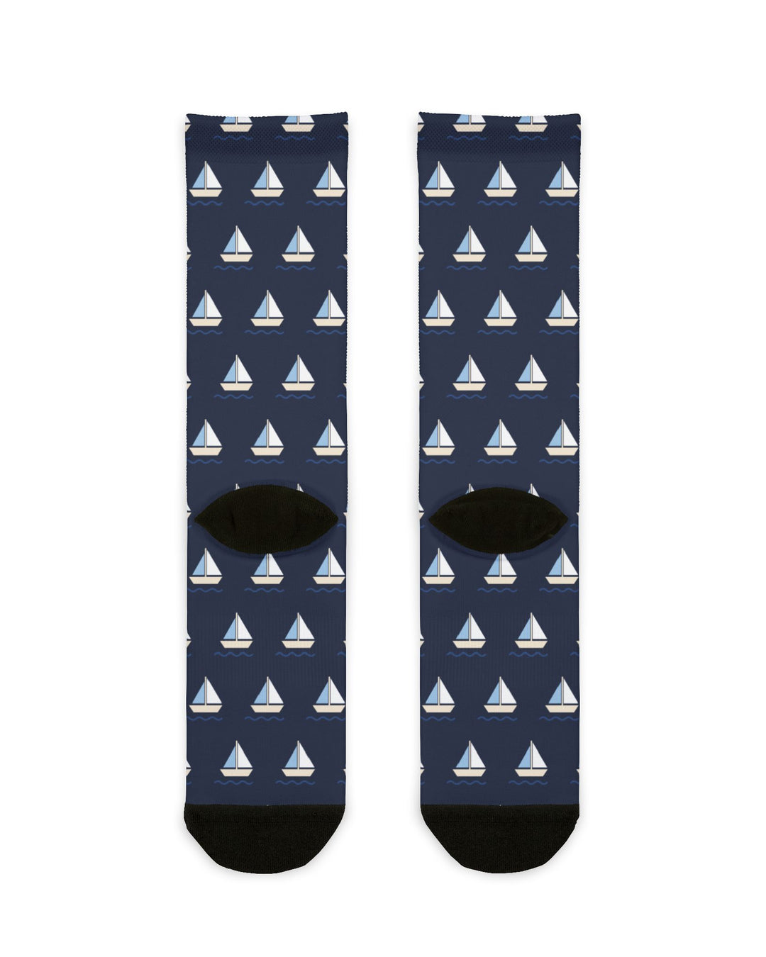Back flat lay of navy Captain of the Couch socks showing black heels and an all-over white sailboat pattern