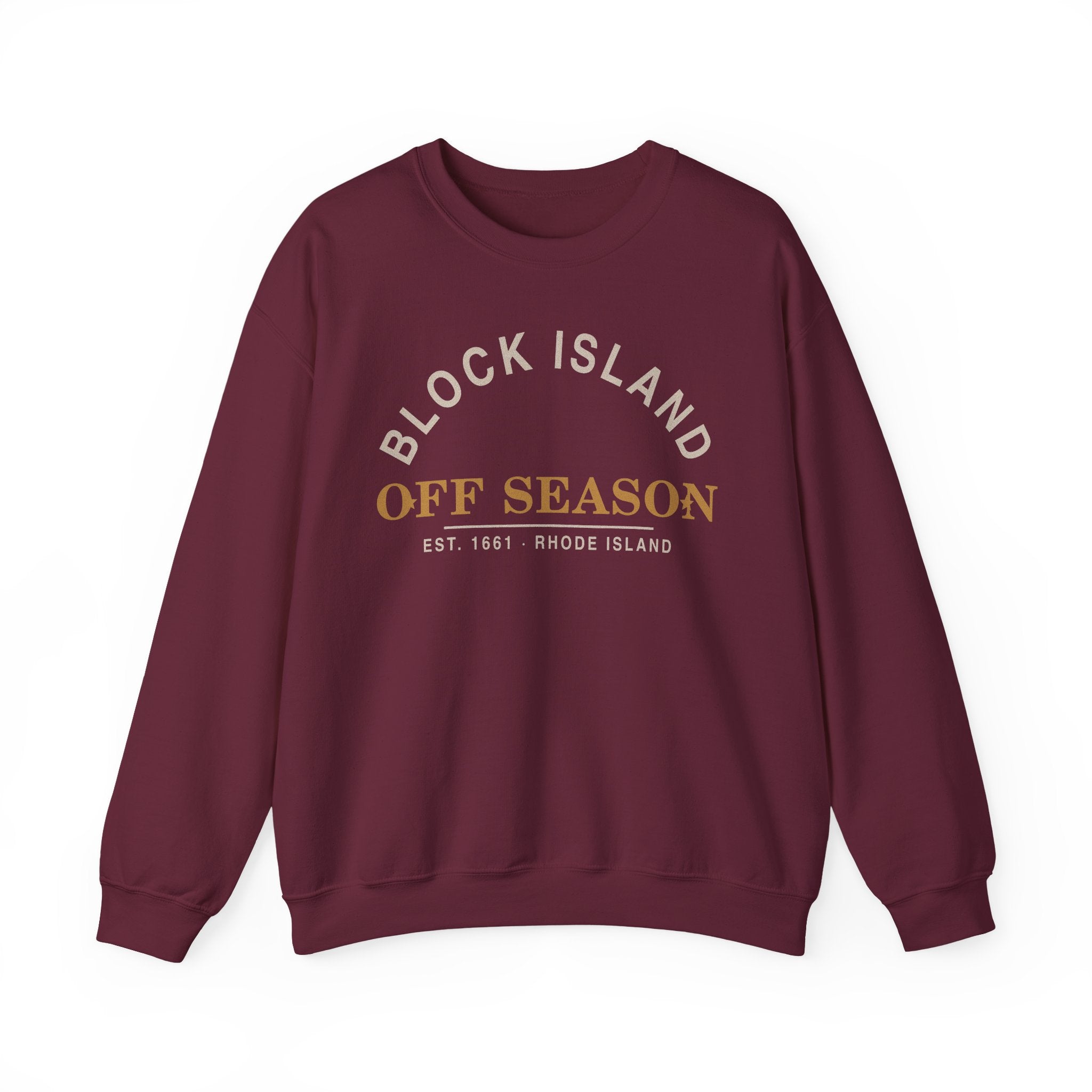Block Island Off Season Crewneck Sweatshirt in Maroon, BlockBoundRI