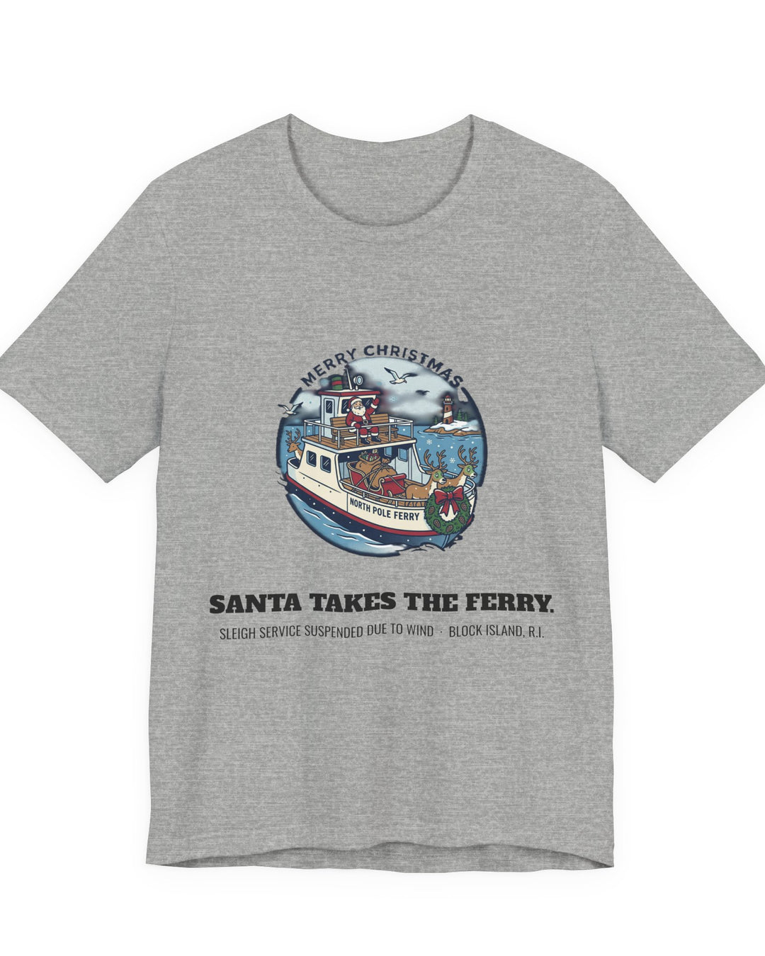 Santa Takes the Ferry Block Island Christmas T-Shirt in Athletic Heather, BlockBoundRI