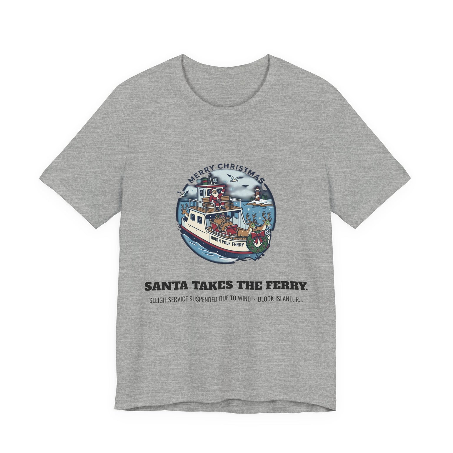 Santa Takes the Ferry Block Island Christmas T-Shirt in Athletic Heather, BlockBoundRI