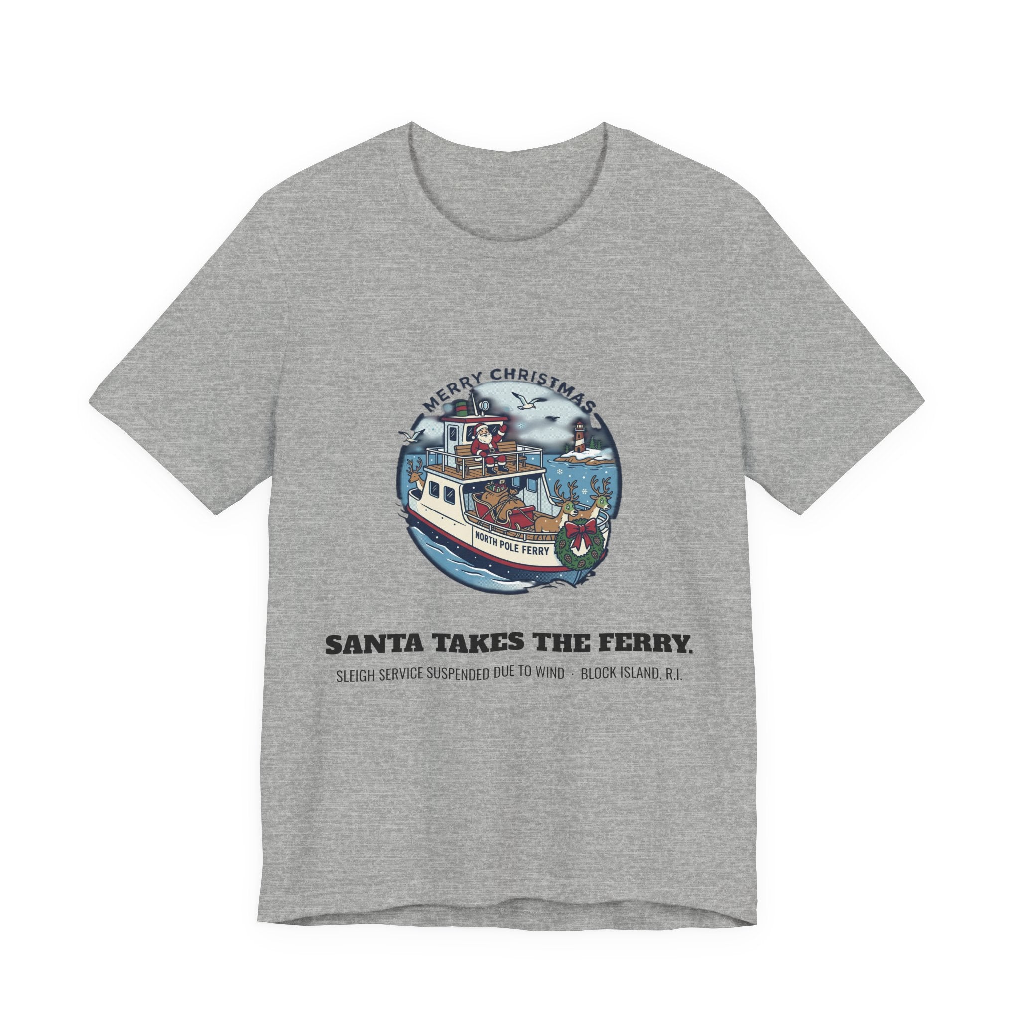 Santa Takes the Ferry Block Island Christmas T-Shirt in Athletic Heather, BlockBoundRI