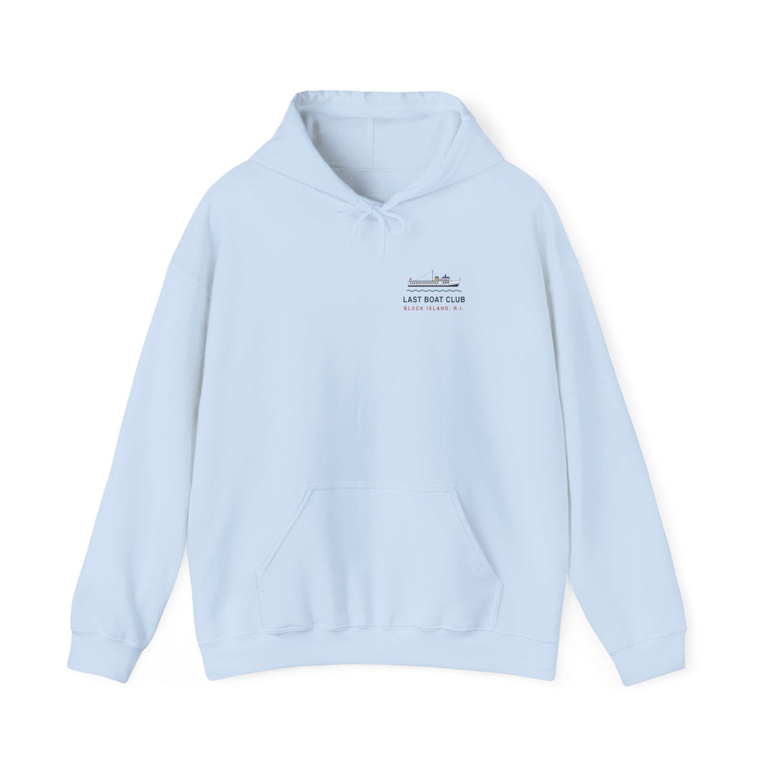 Last Boat Club hoodie: M/V BLOCK ISLAND ferry against a striped sunset, Block Island R.I. — view 4