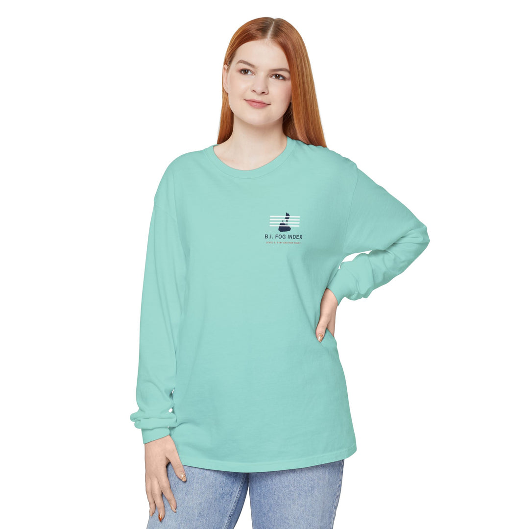 Block Island Fog Index long sleeve: five fog levels from Clear to Island Classic with ferry illustrations — view 20