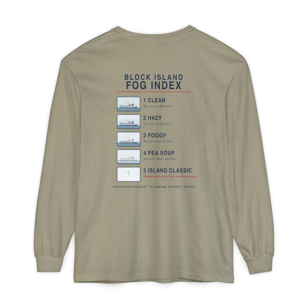 Block Island Fog Index long sleeve: five fog levels from Clear to Island Classic with ferry illustrations — view 11