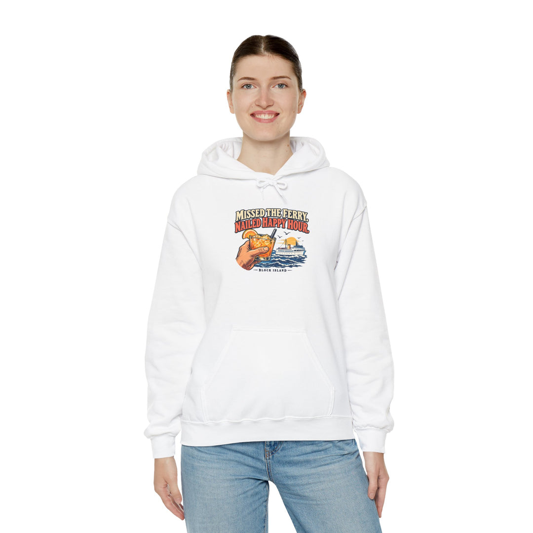 Woman in blue jeans modeling the white Block Island hoodie with a happy hour cocktail and ferry design