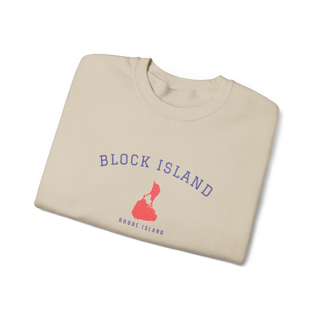 Crewneck sweatshirt with BLOCK ISLAND embroidered in arched varsity letters over a stitched Block Island map and RHODE ISLAND