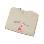 Crewneck sweatshirt with BLOCK ISLAND embroidered in arched varsity letters over a stitched Block Island map and RHODE ISLAND