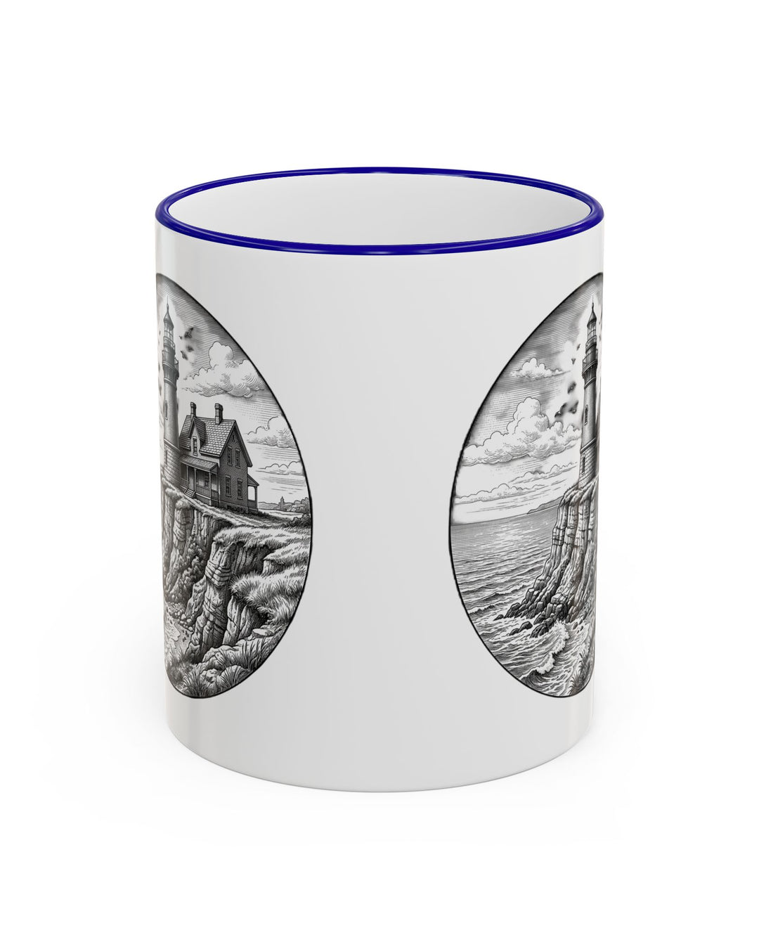 BlockBoundRI Southeast Light Block Island mug, white with navy rim, lighthouse engraving shown on both sides
