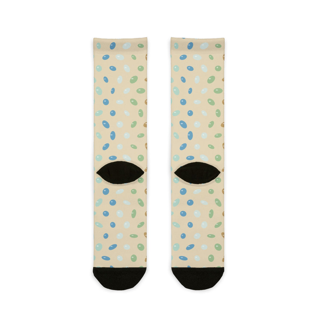 Back view of sand beachcombing crew socks with blue, green and aqua sea glass pieces and black heels