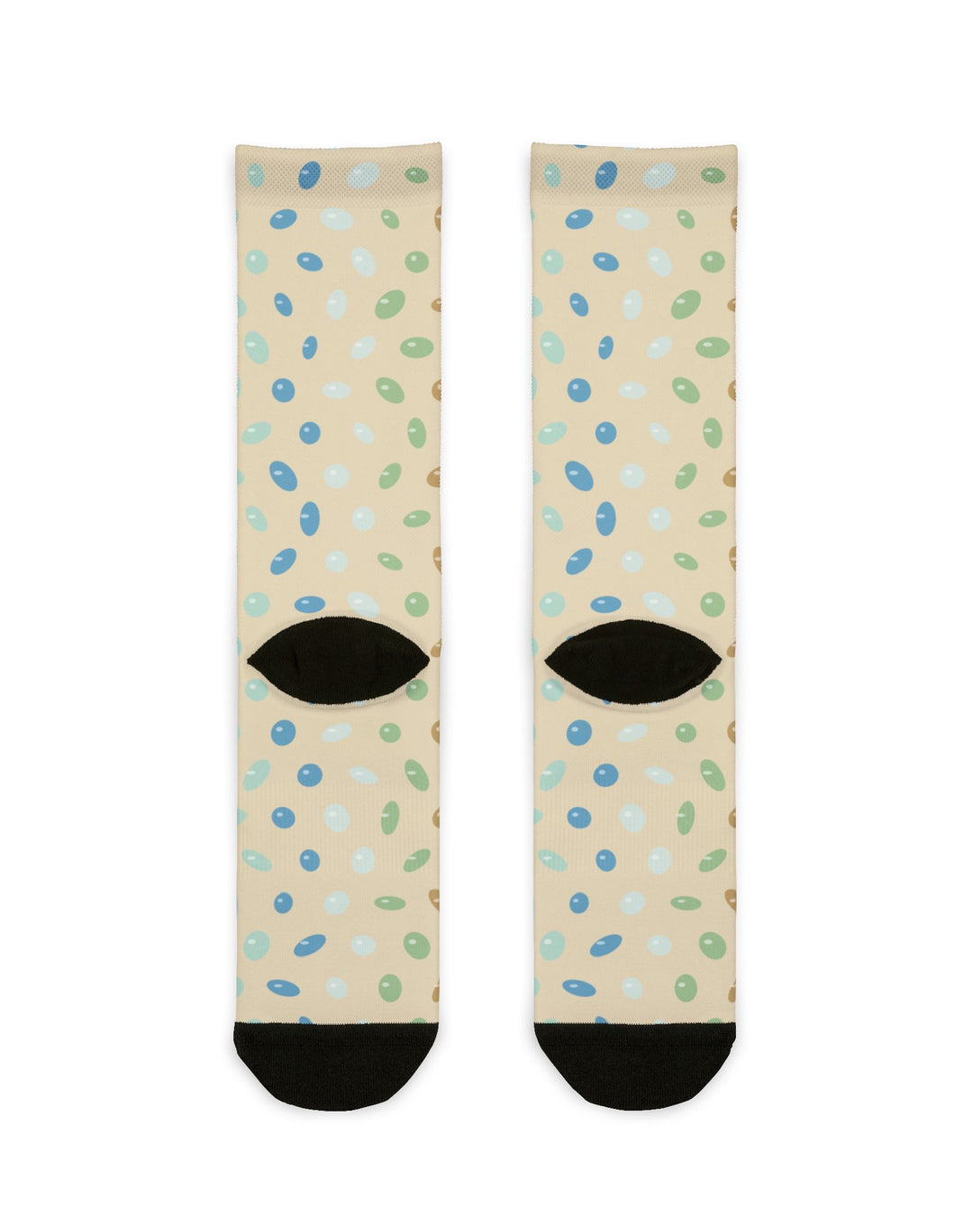 Back view of sand beachcombing crew socks with blue, green and aqua sea glass pieces and black heels