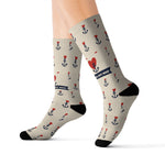 Size S Nautical But Nice retro sailor socks on a leg form, inner side showing the red heart anchor tattoo