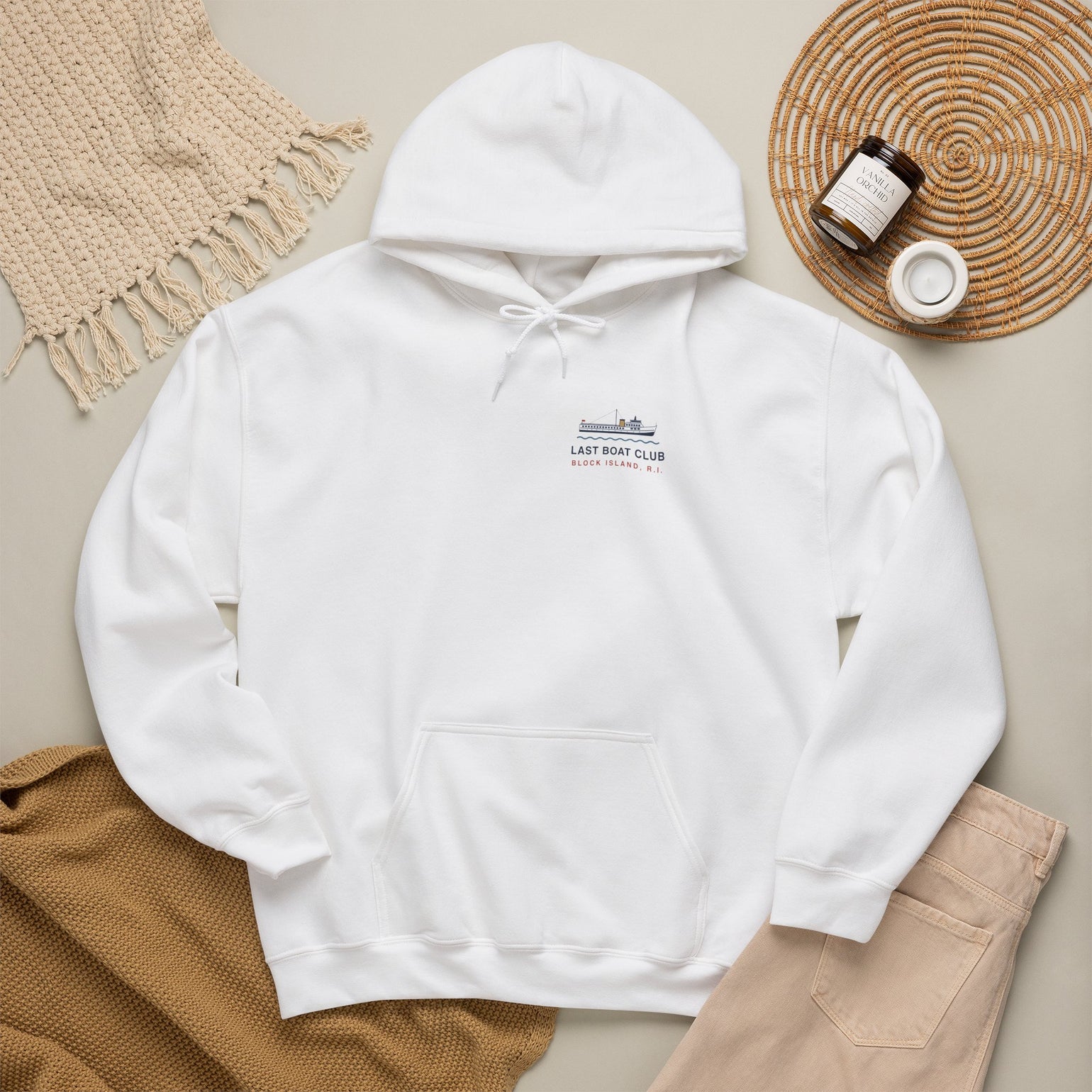Last Boat Club hoodie: M/V BLOCK ISLAND ferry against a striped sunset, Block Island R.I. — view 8