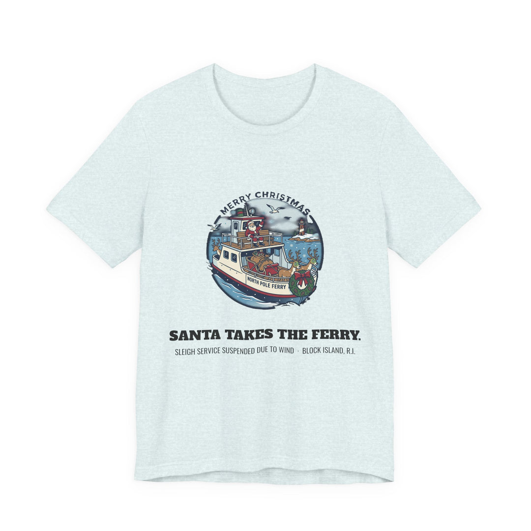 Santa Takes the Ferry Block Island Christmas T-Shirt in Heather Ice Blue, BlockBoundRI