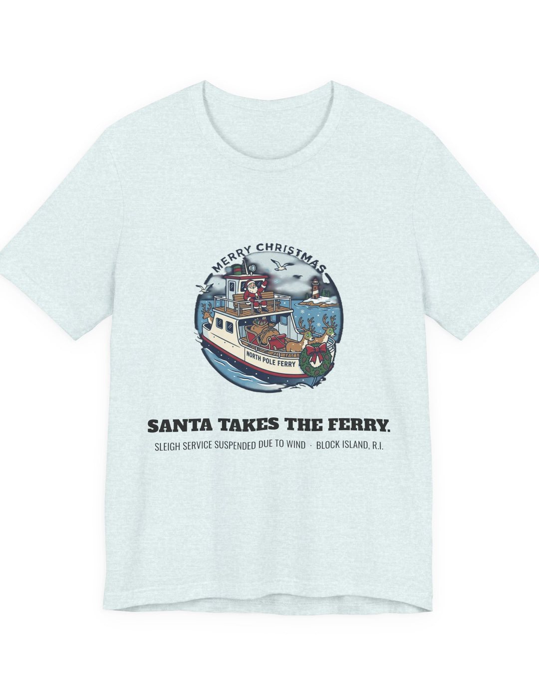 Santa Takes the Ferry Block Island Christmas T-Shirt in Heather Ice Blue, BlockBoundRI
