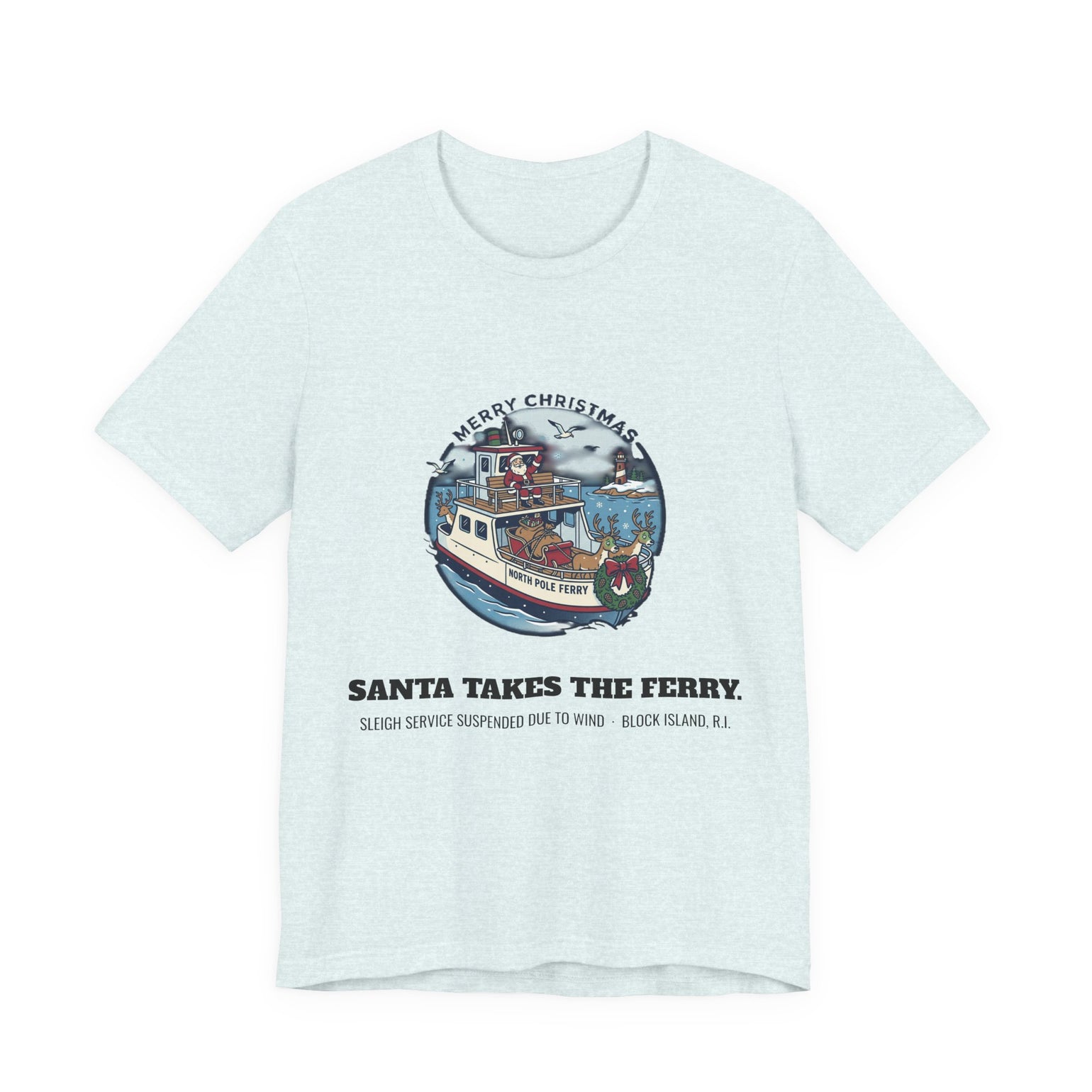 Santa Takes the Ferry Block Island Christmas T-Shirt in Heather Ice Blue, BlockBoundRI