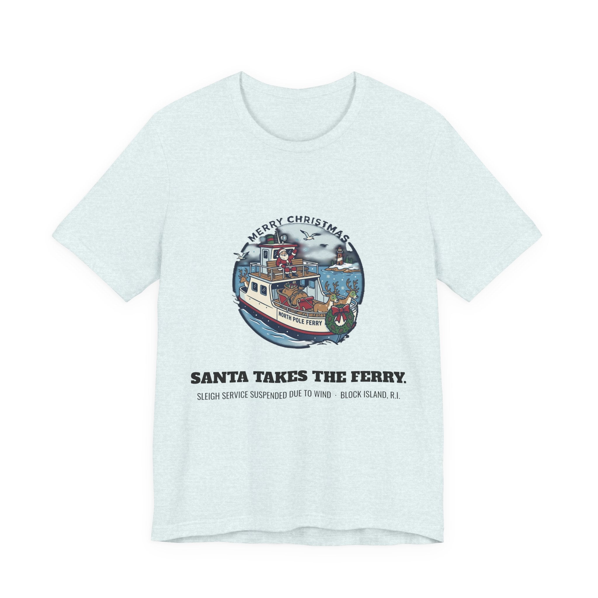 Santa Takes the Ferry Block Island Christmas T-Shirt in Heather Ice Blue, BlockBoundRI