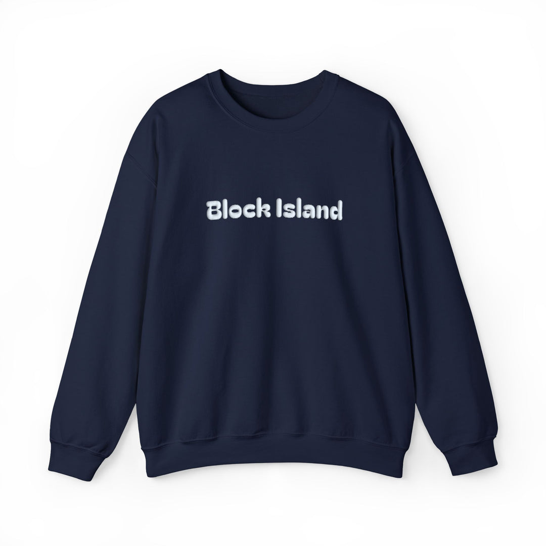 Crewneck sweatshirt with Block Island in raised puff print letters across the chest