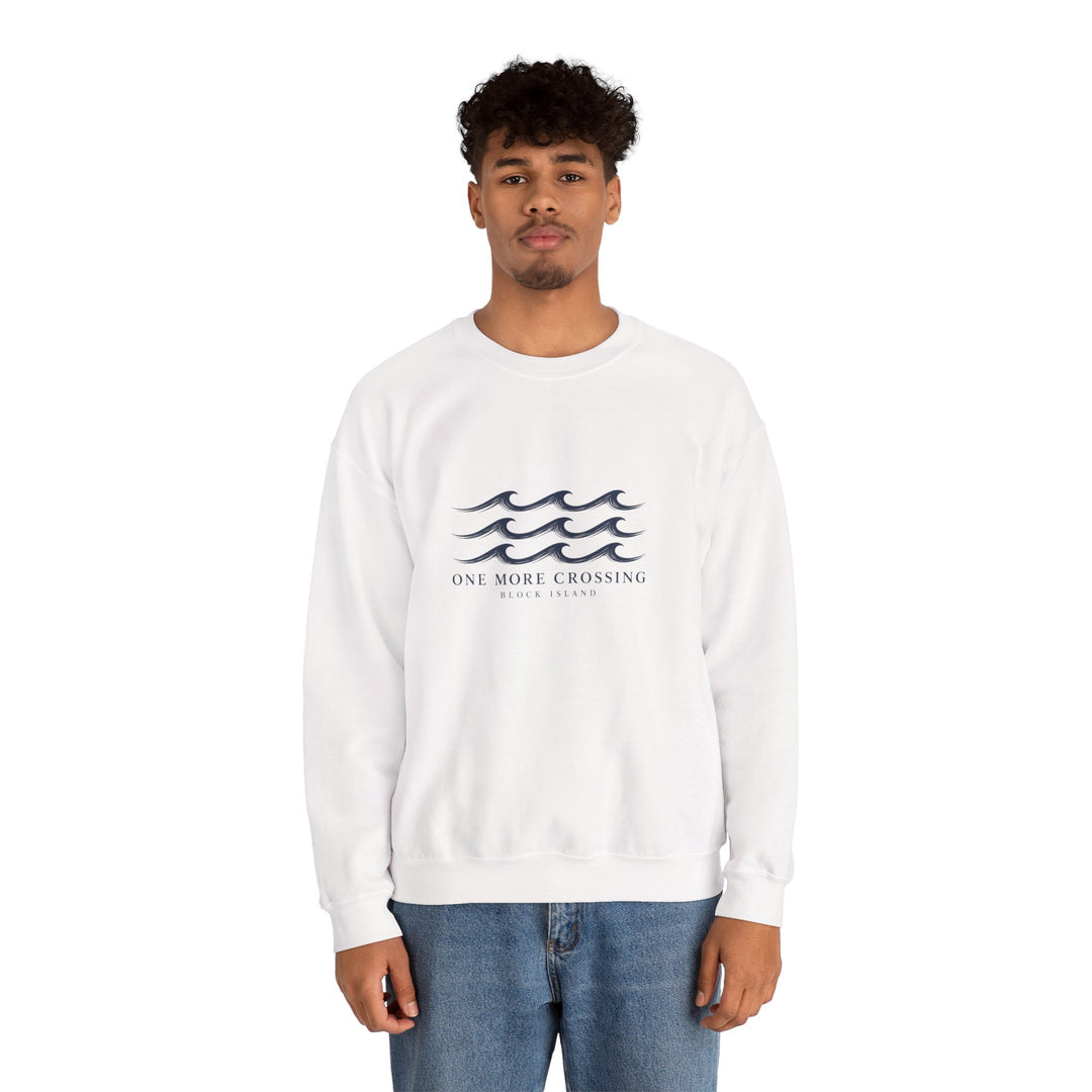 Man in jeans wearing the white One More Crossing Block Island crewneck sweatshirt, front view