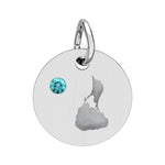 Round engraved Block Island charm with a cubic zirconia birthstone