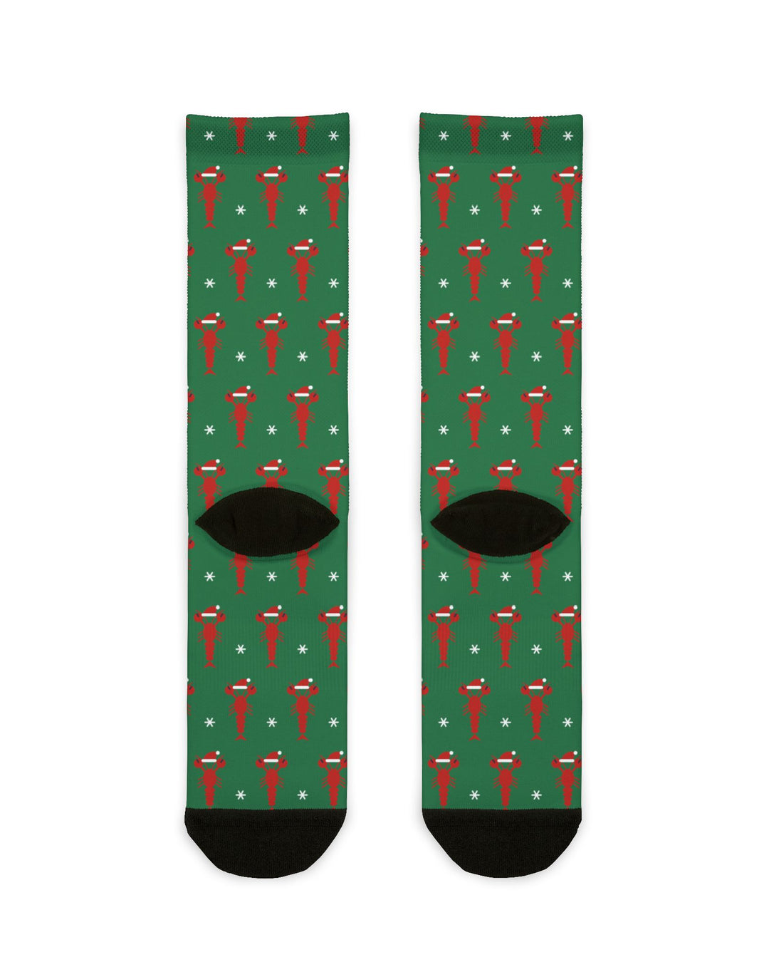 Back of the green Santa Claws lobster socks laid flat, showing black heels and toes