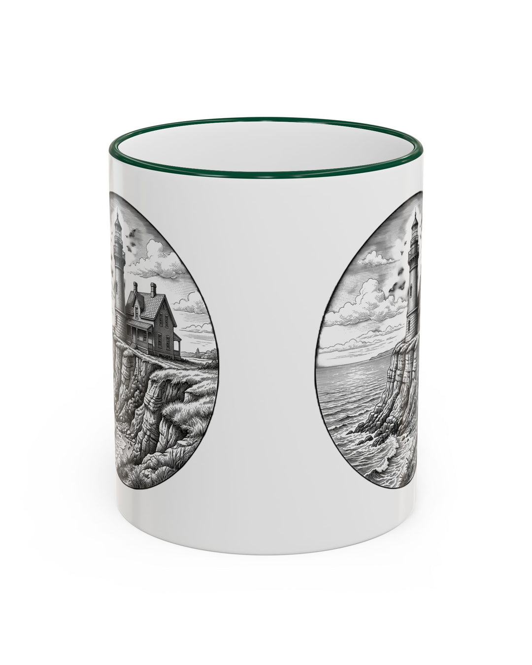 Green-accent Southeast Light mug, back view of the Block Island lighthouse and cliffs engraving on both sides