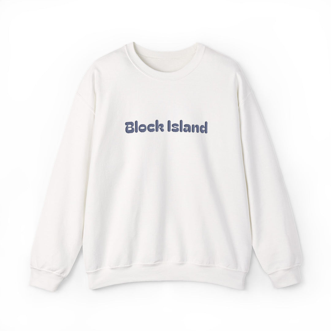 Crewneck sweatshirt with Block Island in raised puff print letters across the chest