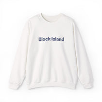 BlockBoundRI White Block Island sweatshirt, crewneck front with raised 3D puff Block Island lettering in slate blue